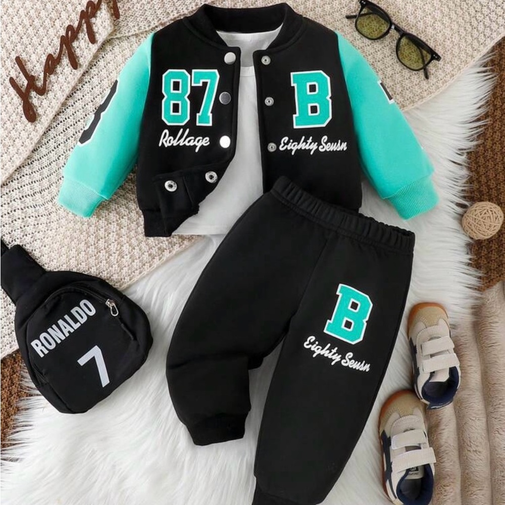 SHEIN Black and Teal Kids Jogger Set